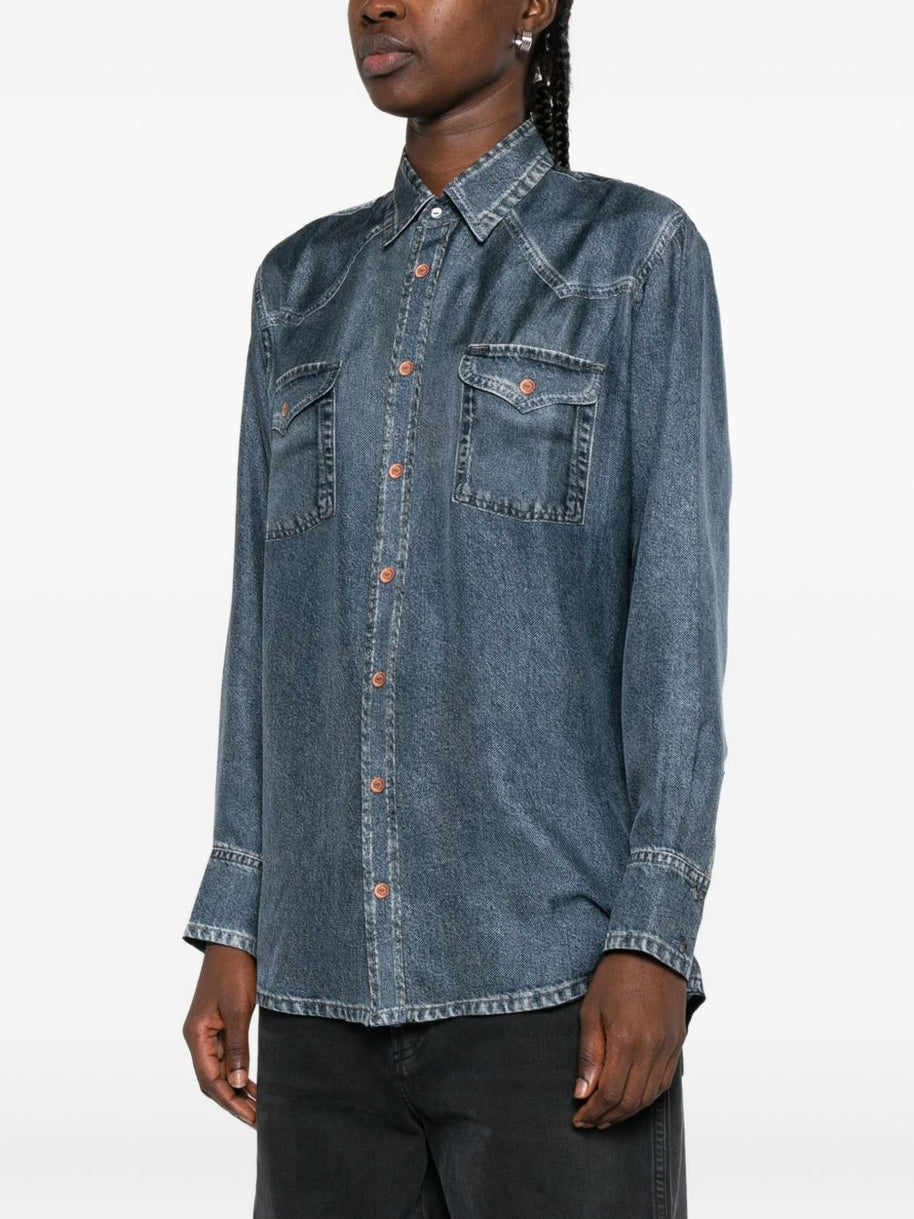 Pierre Louis Mascia Denim Print Silk Shirt - Blue