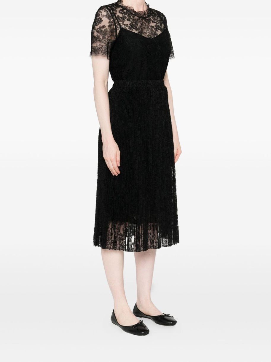 Ermanno Scervino Long Pleated Lace Skirt -  Black