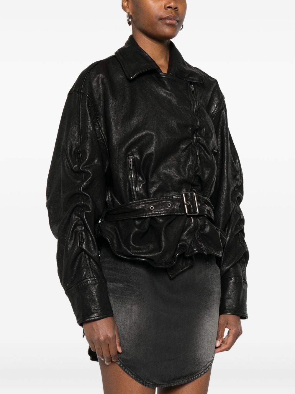 Diesel Ruched Leather Jacket - Black