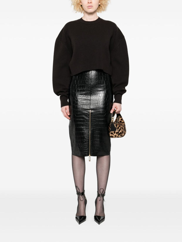 Elisabetta Franchi Crocodile Effect Midi Skirt - Black