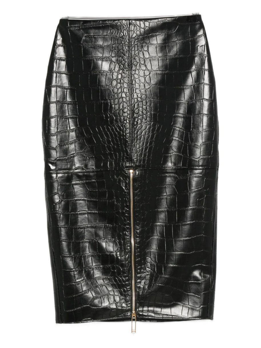 Elisabetta Franchi Crocodile Effect Midi Skirt - Black