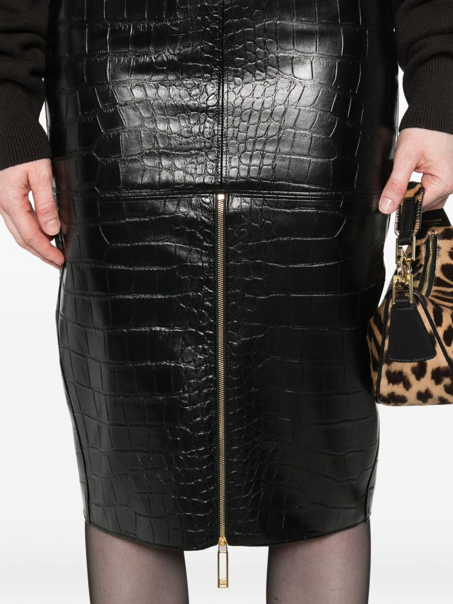 Elisabetta Franchi Crocodile Effect Midi Skirt - Black