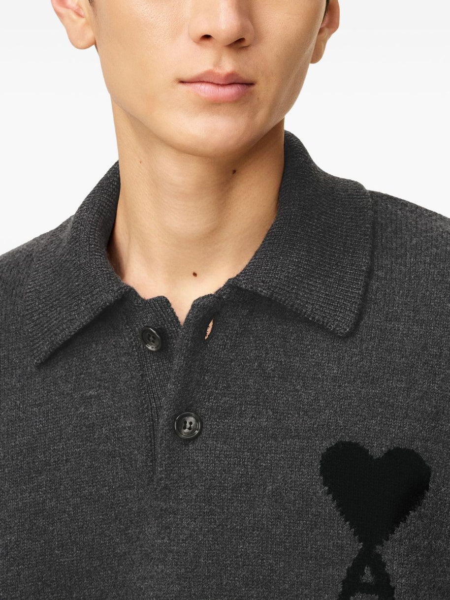 Ami Paris Ami De Coeur Wool Polo Shirt - Grey