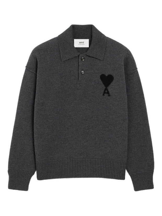 Ami Paris Ami De Coeur Wool Polo Shirt - Grey