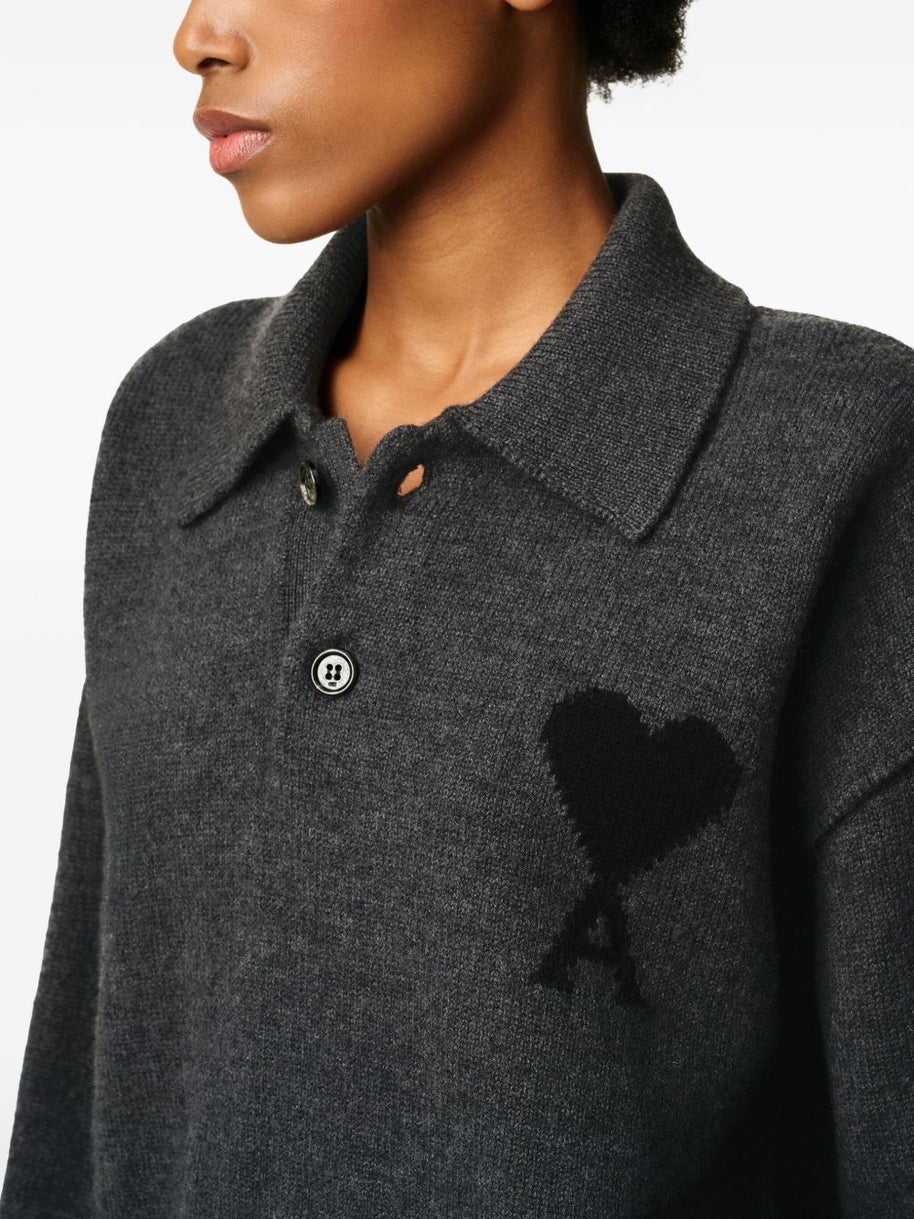 Ami Paris Ami De Coeur Wool Polo Shirt - Grey