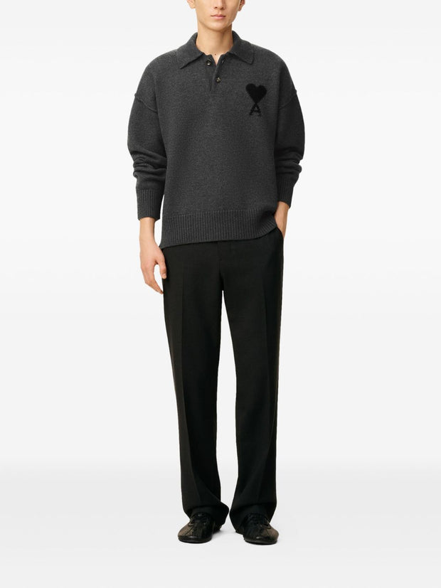 Ami Paris Ami De Coeur Wool Polo Shirt - Grey