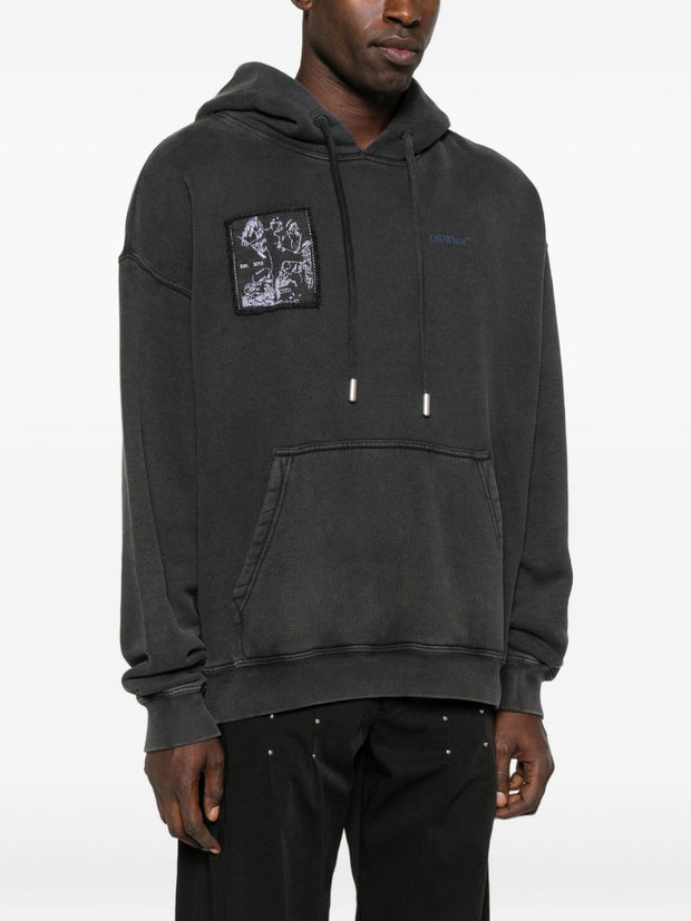 Off White Faded Painting Skate Cotton Hoodie - Black