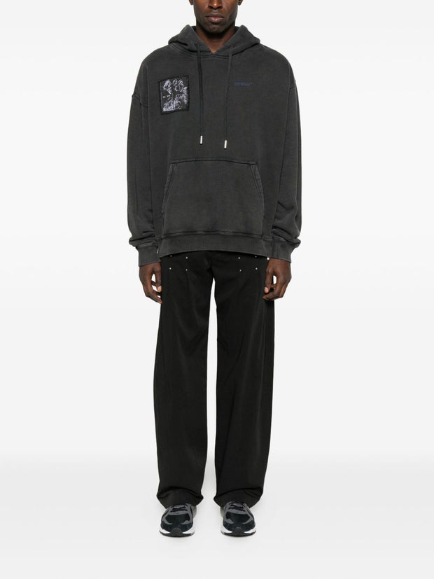 Off White Faded Painting Skate Cotton Hoodie - Black