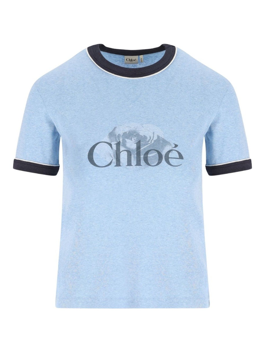 Chloé Chloè Rose Logo Cotton T-shirt - Blue