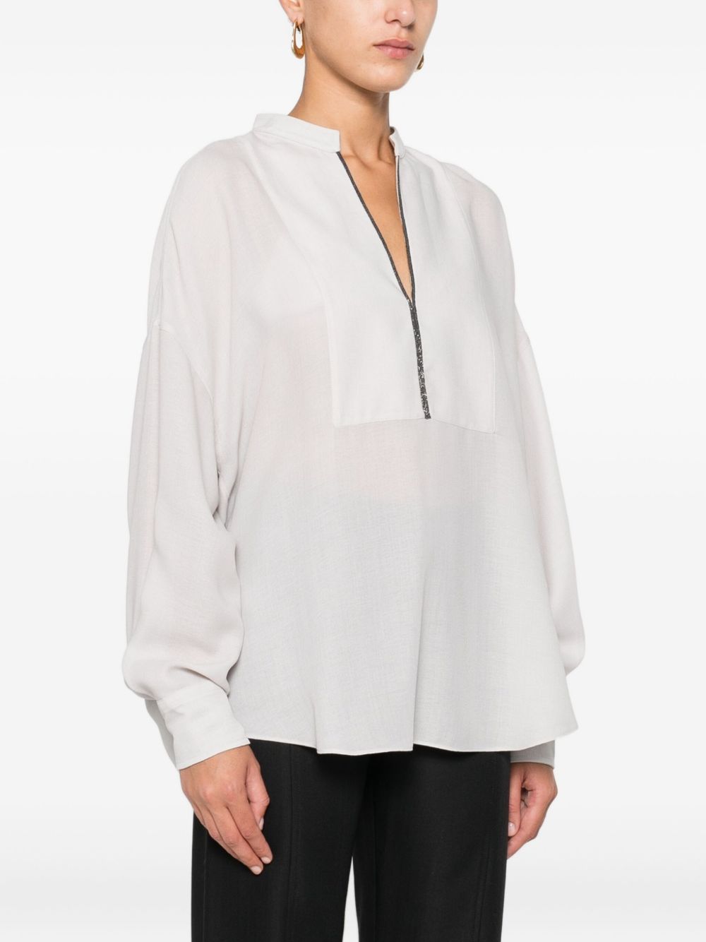 Brunello Cucinelli Silk V-necked Blouse - Light Grey
