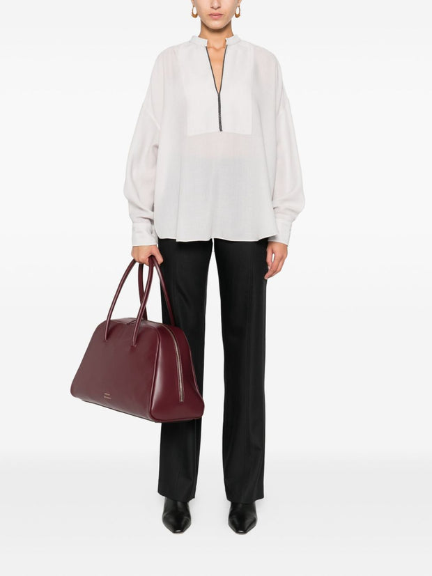 Brunello Cucinelli Silk V-necked Blouse - Light Grey