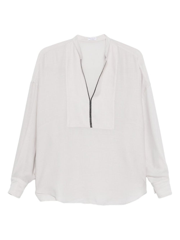 Brunello Cucinelli Silk V-necked Blouse - Light Grey