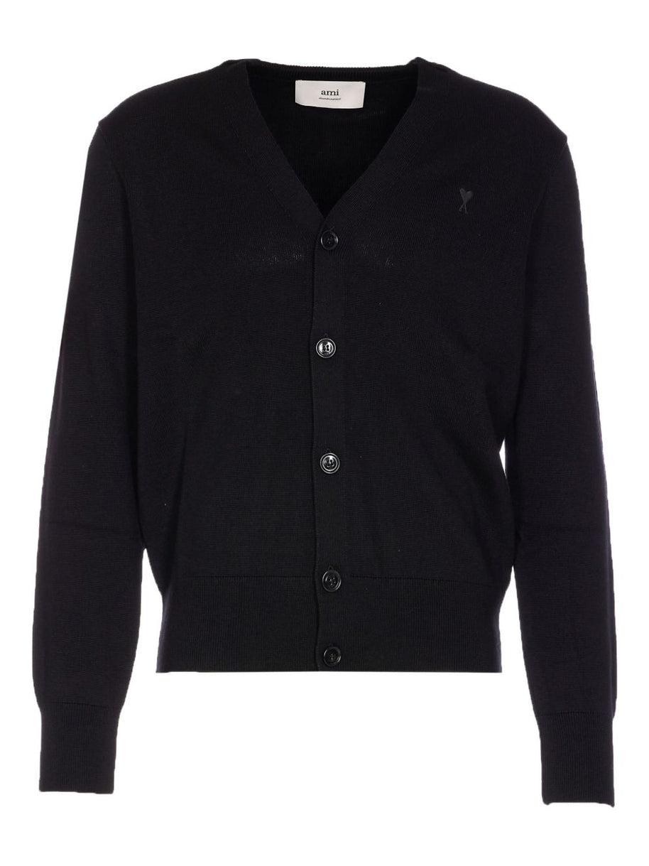 Ami Paris Ami De Coeur V-neck Wool Cardigan - Black