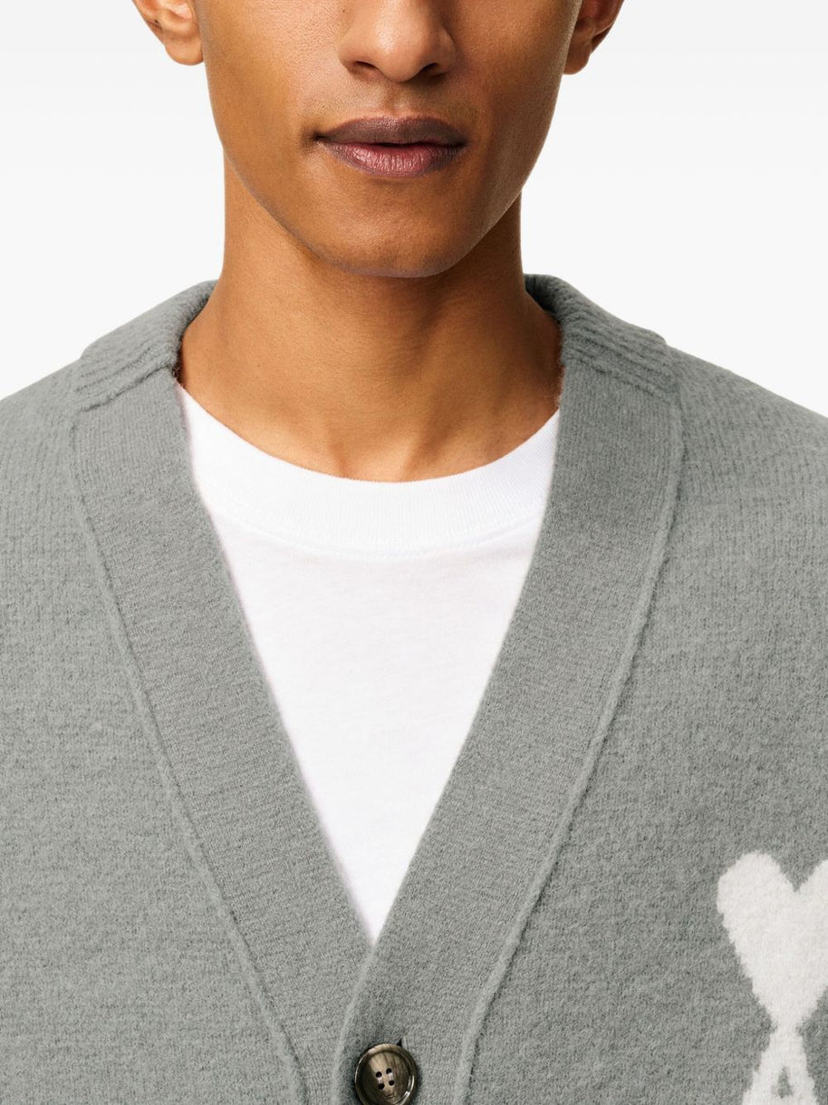 Ami Paris Ami De Coeur V-neck Wool Cardigan - Grey