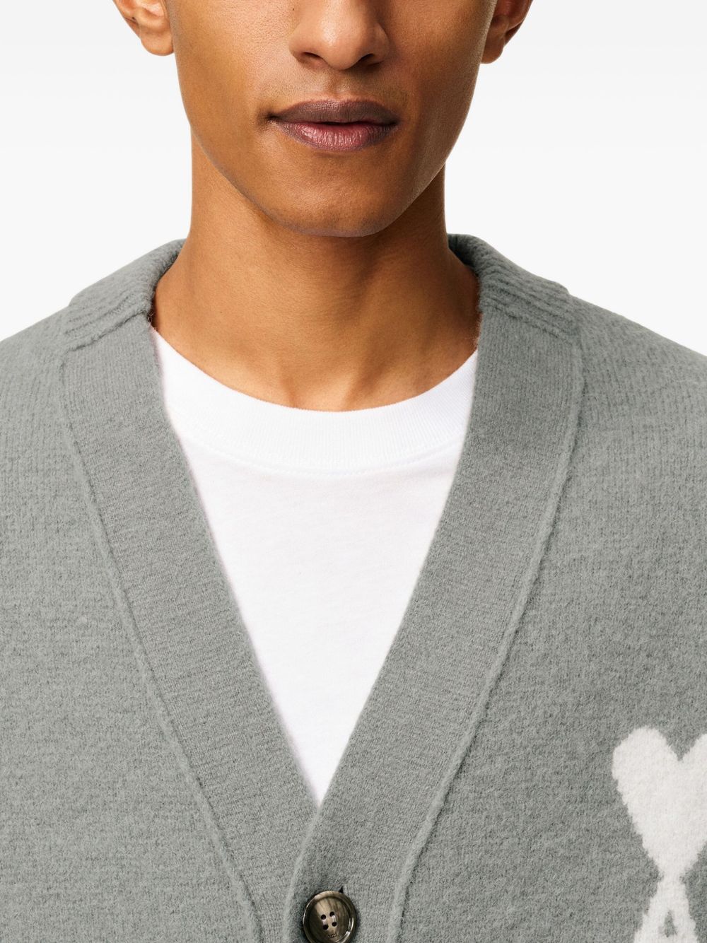 Ami Paris Ami De Coeur V-neck Wool Cardigan - Grey