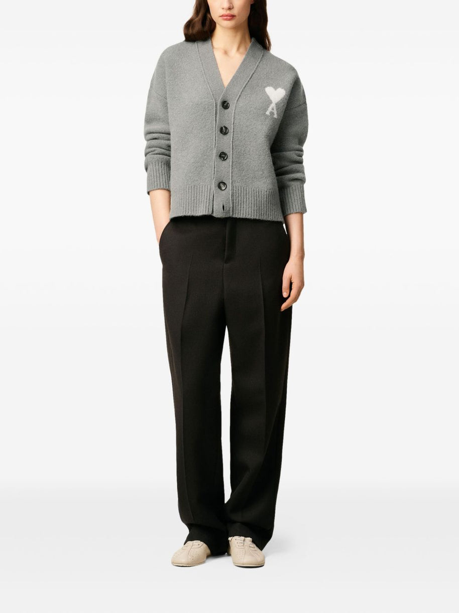 Ami Paris Ami De Coeur V-neck Wool Cardigan - Grey