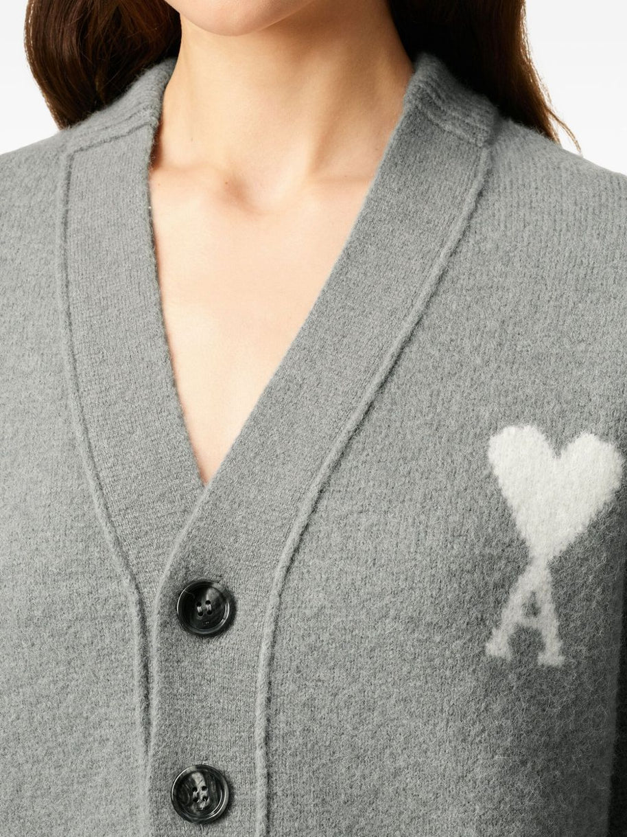 Ami Paris Ami De Coeur V-neck Wool Cardigan - Grey