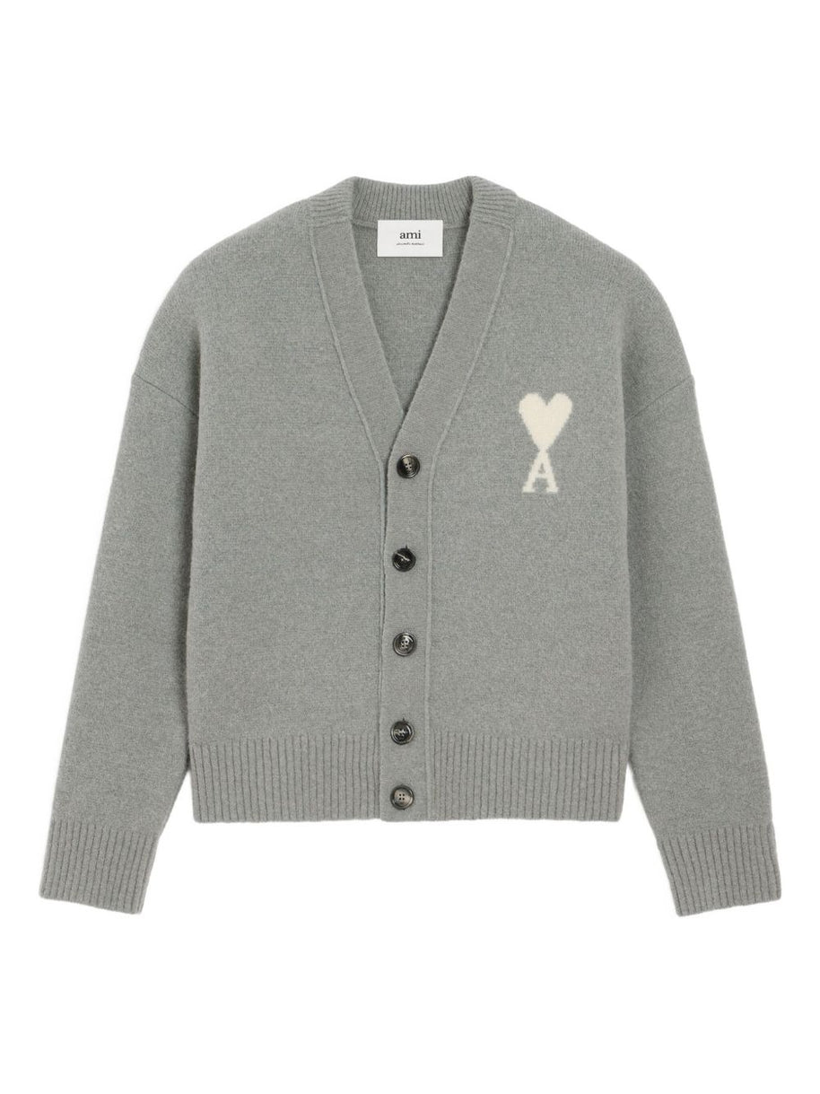 Ami Paris Ami De Coeur V-neck Wool Cardigan - Grey