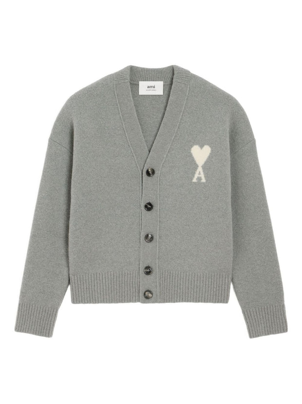 Ami Paris Ami De Coeur V-neck Wool Cardigan - Grey