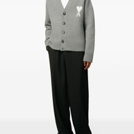 Ami Paris Ami De Coeur V-neck Wool Cardigan - Grey