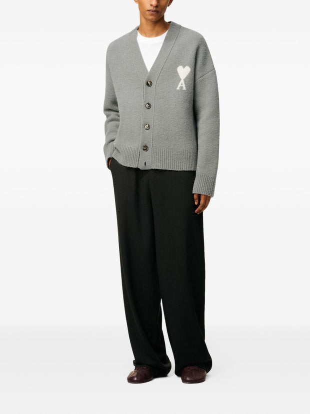 Ami Paris Ami De Coeur V-neck Wool Cardigan - Grey
