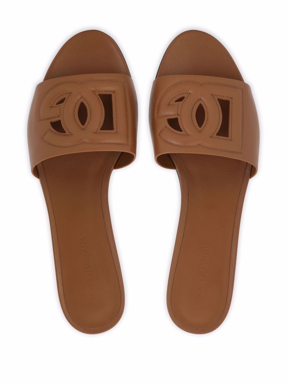 Dolce & Gabbana DG Logo Leather Flat Sandals Brown