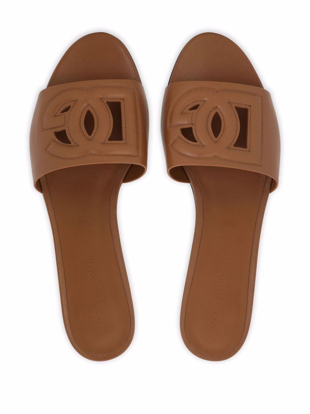 Dolce & Gabbana DG Logo Leather Flat Sandals Brown