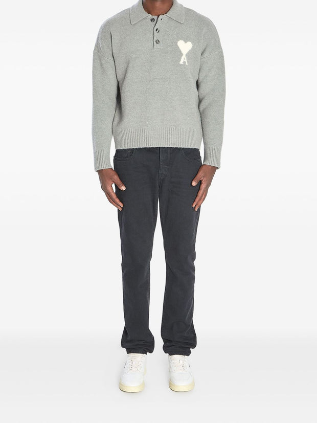 Ami Paris Ami De Coeur Wool Polo Shirt Grey