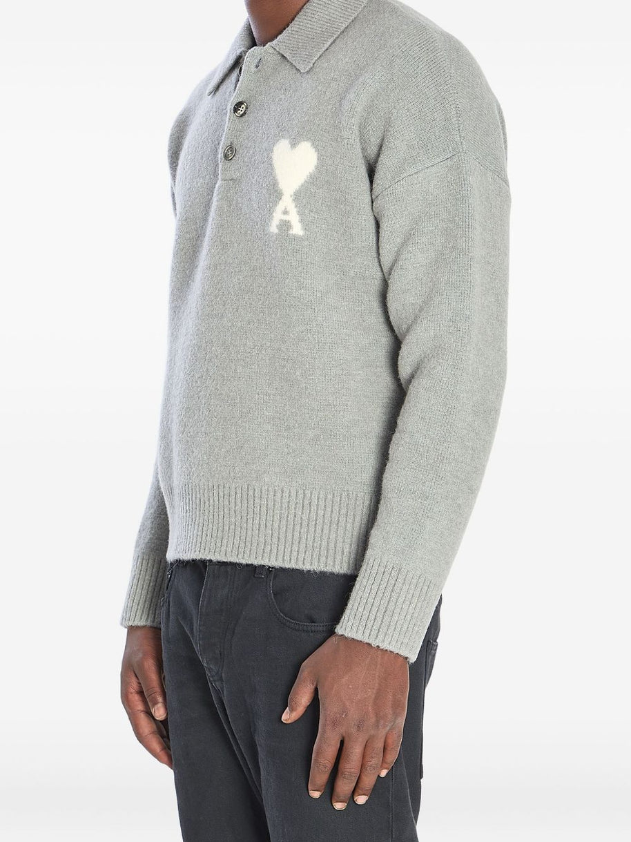 Ami Paris Ami De Coeur Wool Polo Shirt Grey