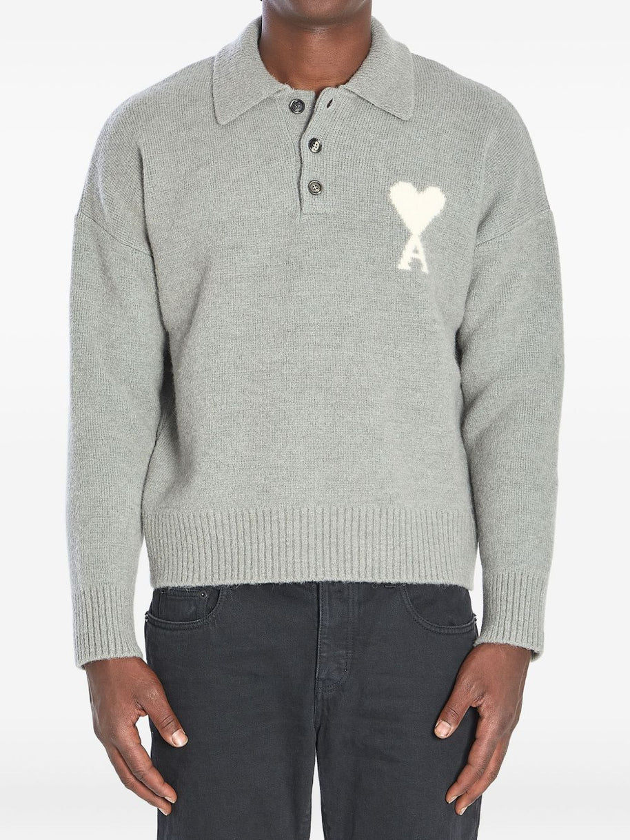 Ami Paris Ami De Coeur Wool Polo Shirt Grey