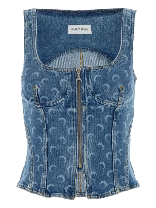 MARINE SERRE Moon Denim Bustier Top Blue