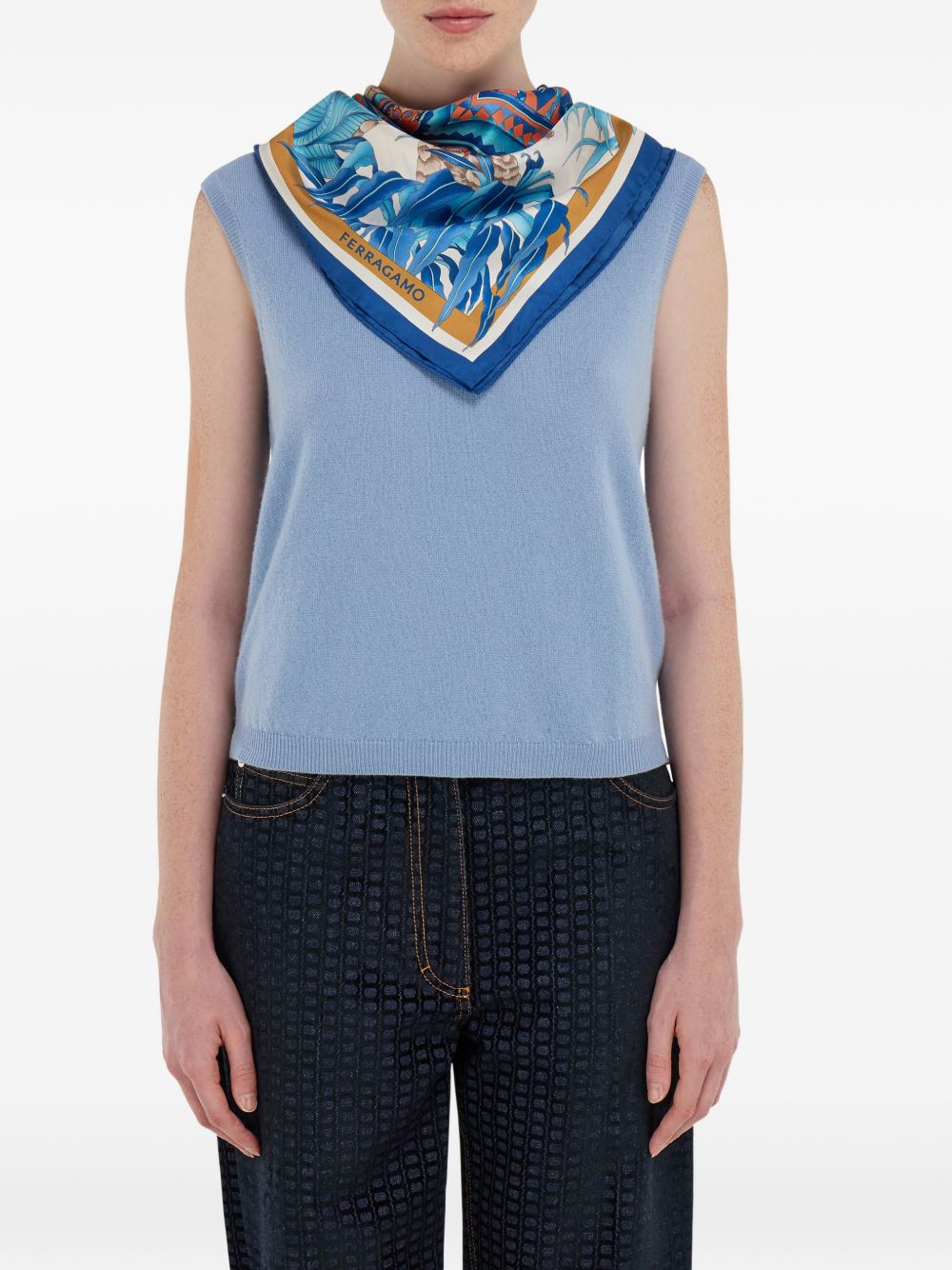 Ferragamo Printed Silk Foulard Scarf Blue