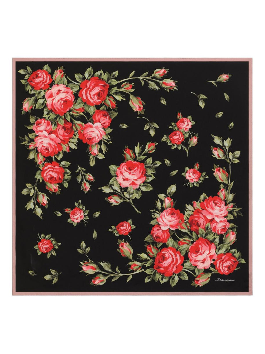 Dolce & Gabbana Roses Bouquet Print Silk Foulard Black