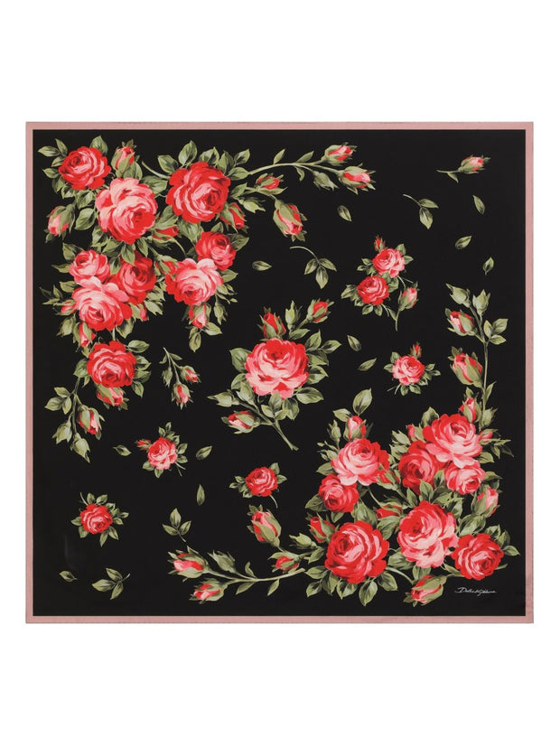 Dolce & Gabbana Roses Bouquet Print Silk Foulard Black