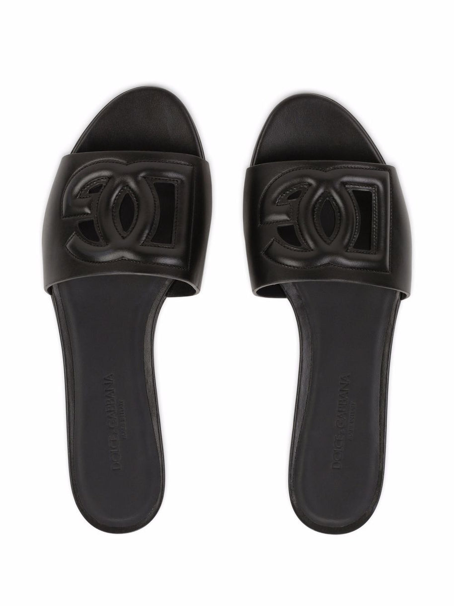 Dolce & Gabbana DG Logo Leather Flat Sandals Black