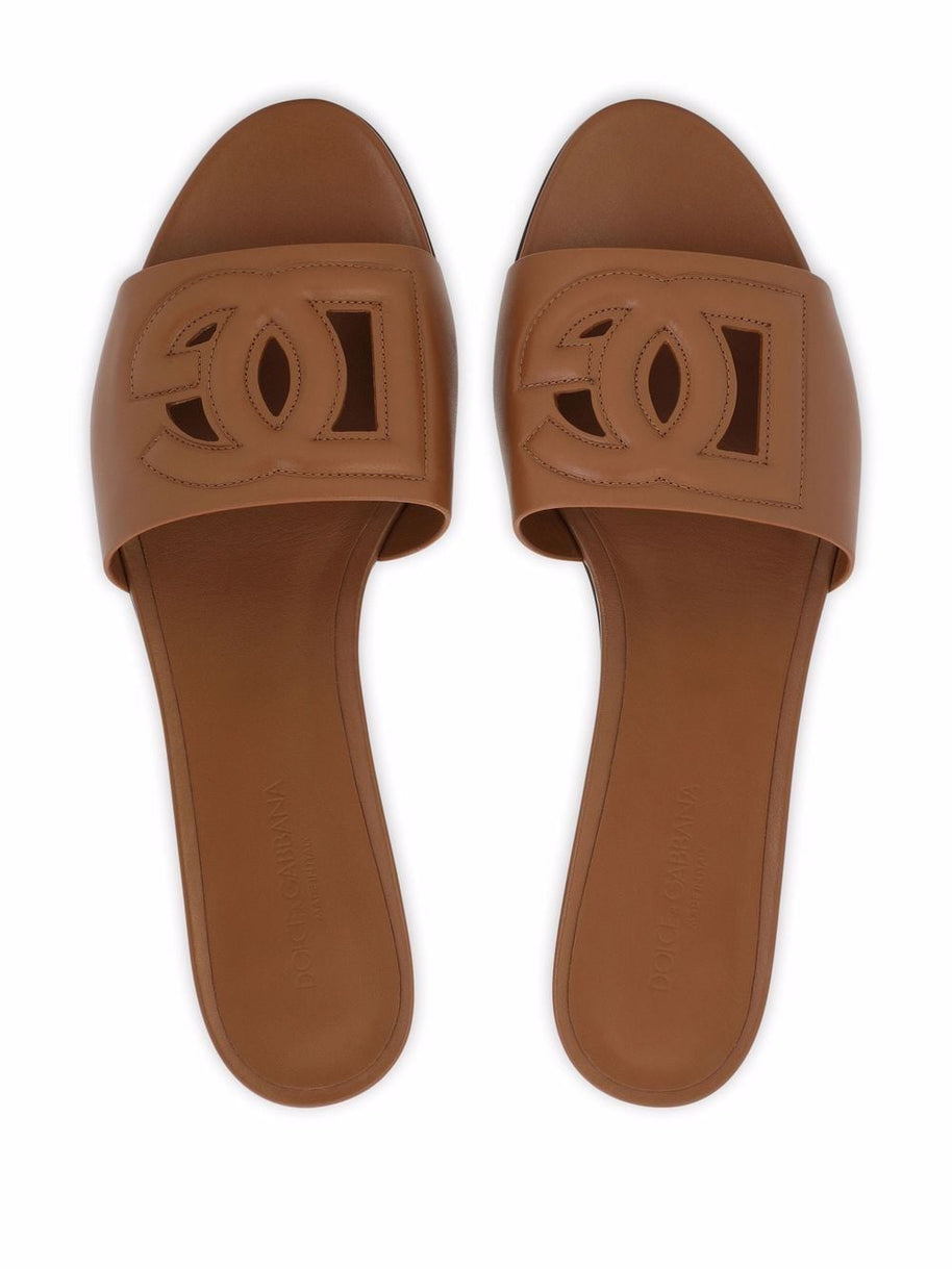 Dolce & Gabbana DG Logo Leather Flat Sandals Brown