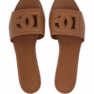 Dolce & Gabbana DG Logo Leather Flat Sandals Brown
