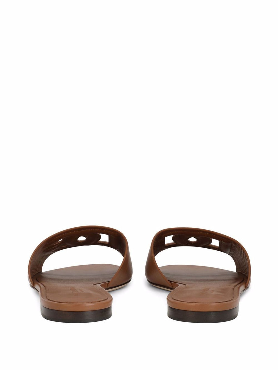Dolce & Gabbana DG Logo Leather Flat Sandals Brown