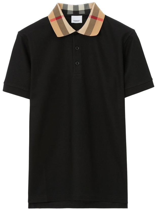 Burberry Check Collar Cotton Polo Shirt Black