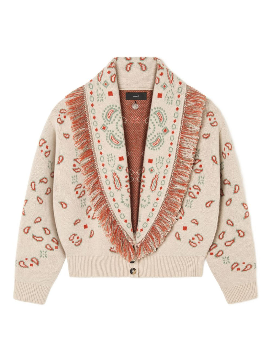 Alanui Bandana Jacquard Cashmere And Wool Cardigan Beige