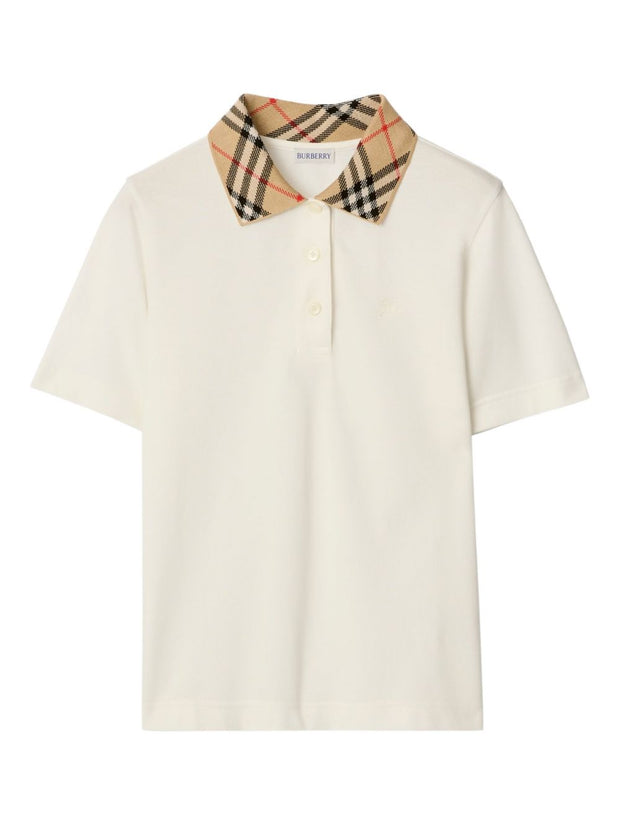 Burberry Check Collar Cotton Polo Shirt White