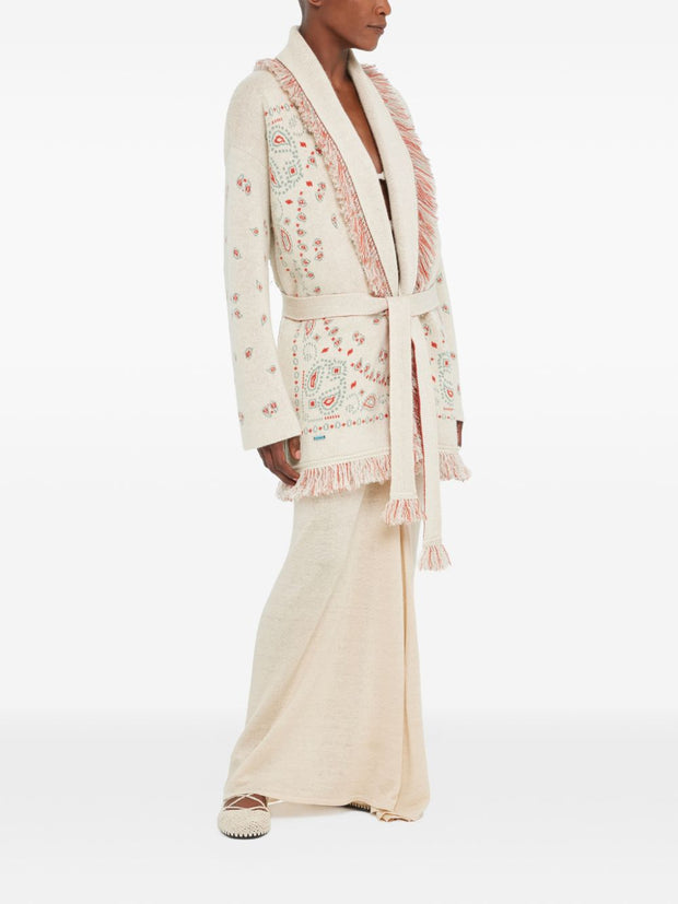 Alanui Bandana Jacquard Cashmere And Linen Cardigan Cream