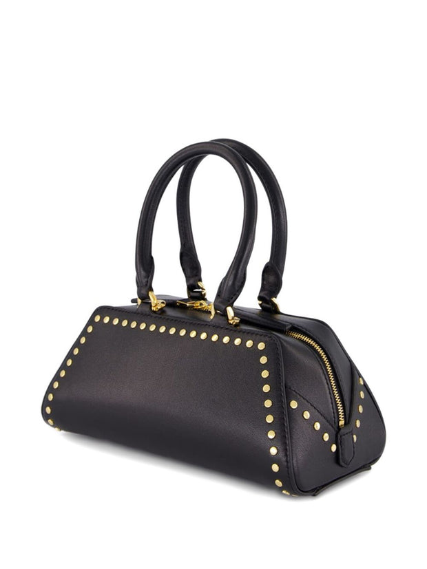 Black handbag with gold studs and zipper on a white background