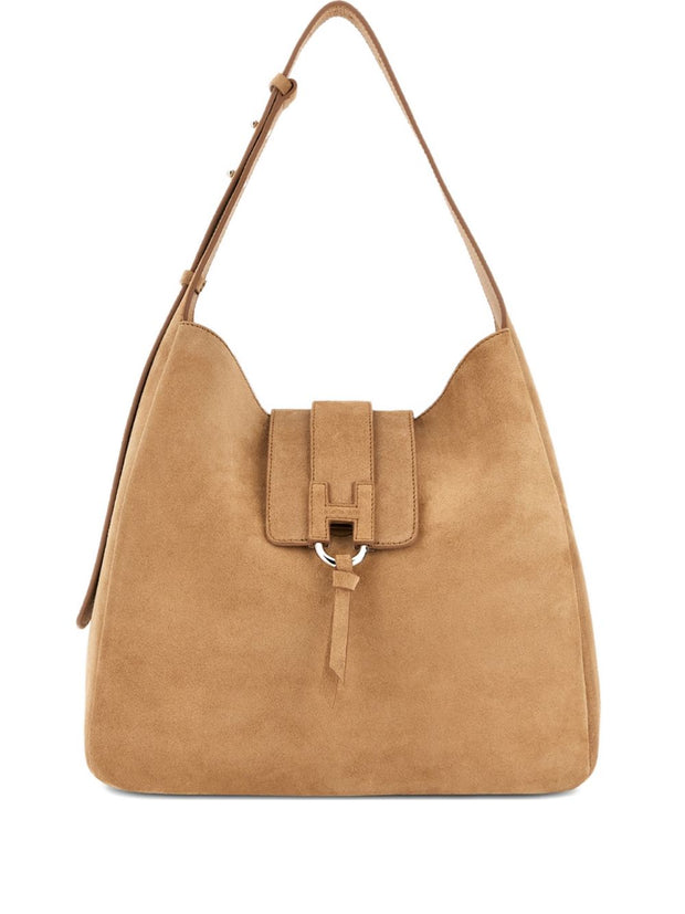 Hogan Tan suede handbag with a shoulder strap on a white background