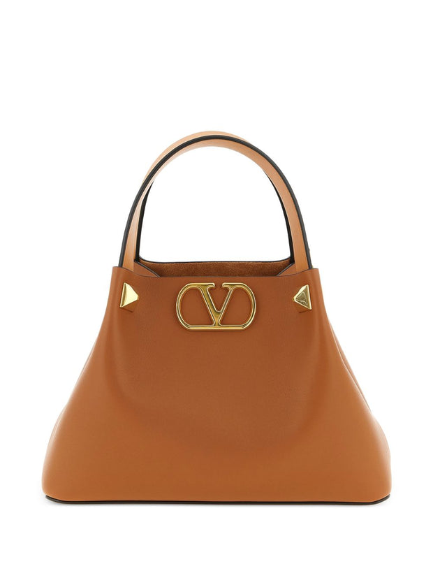 Valentino Garavani VLogo Signature Small Leather Tote Bag Brown