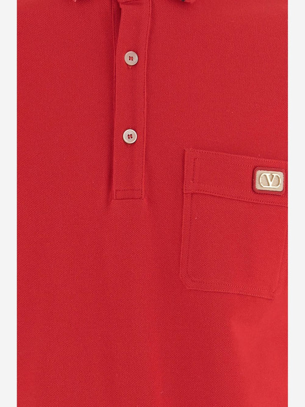 Valentino VLogo Signature Piquet Cotton Polo Shirt Red