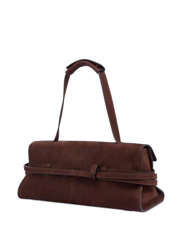 Brown handbag with a strap on a white background