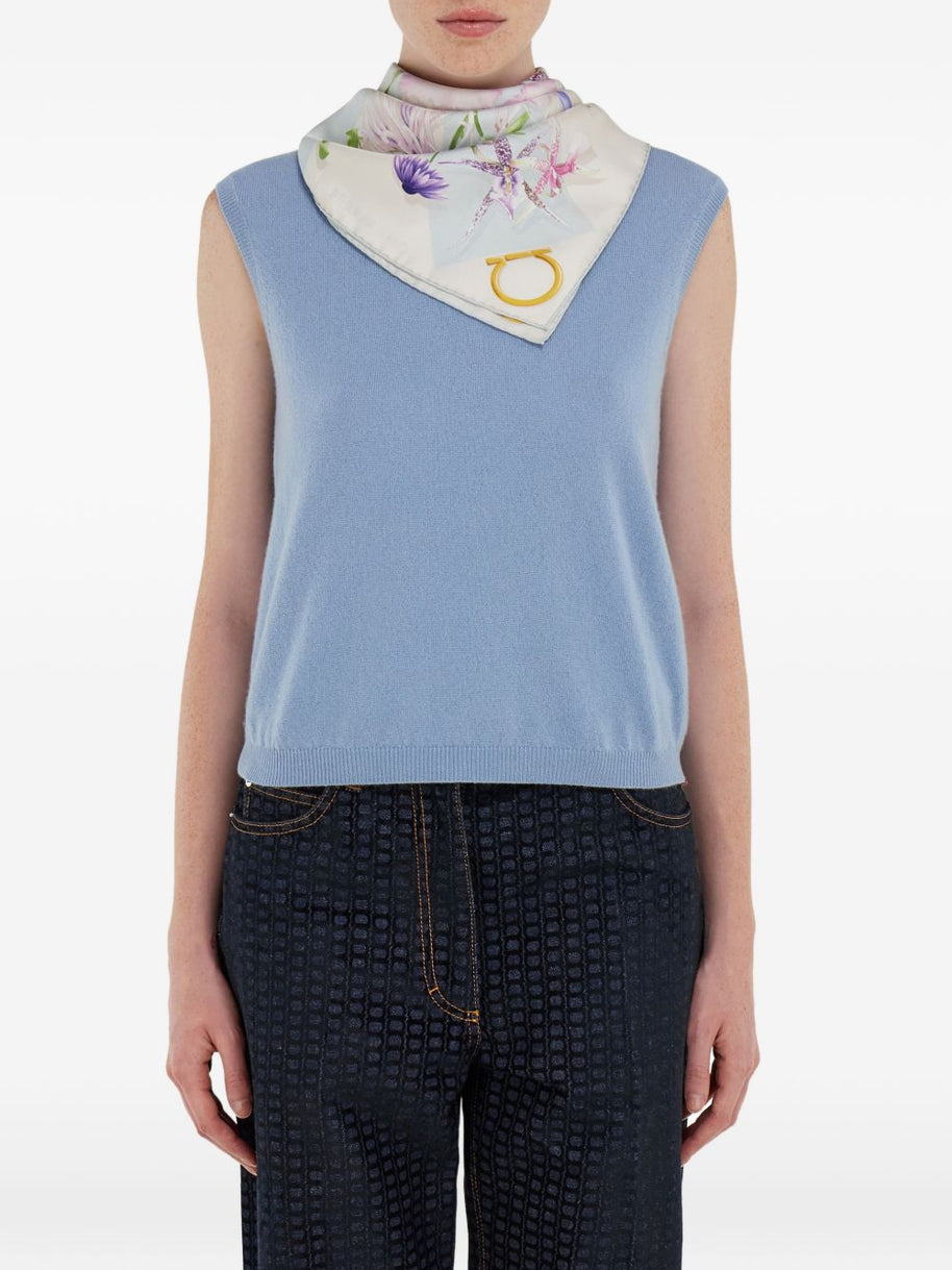 Ferragamo Printed Silk Foulard Scarf Clear Blue