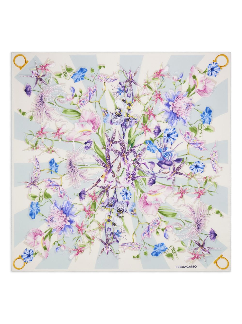 Ferragamo Printed Silk Foulard Scarf Clear Blue