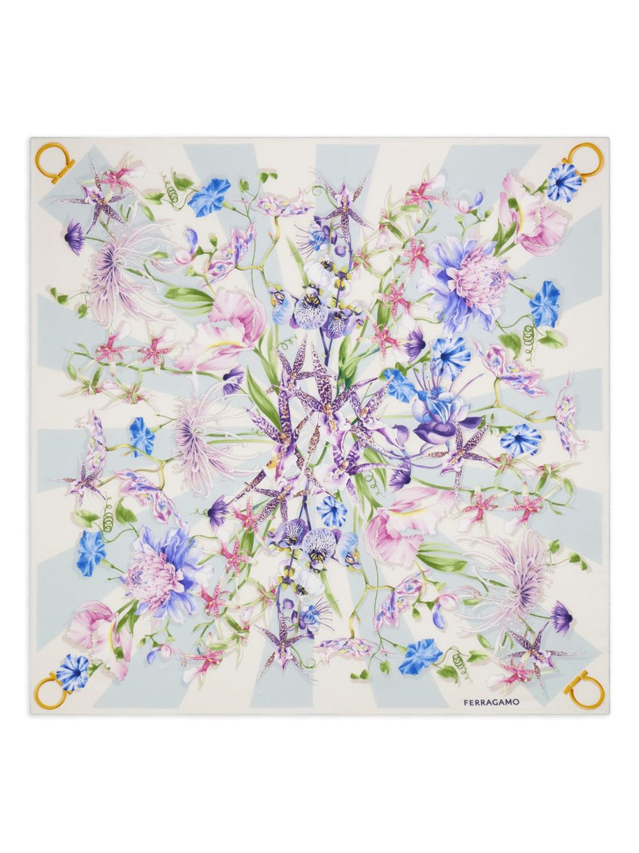 Ferragamo Printed Silk Foulard Scarf Clear Blue